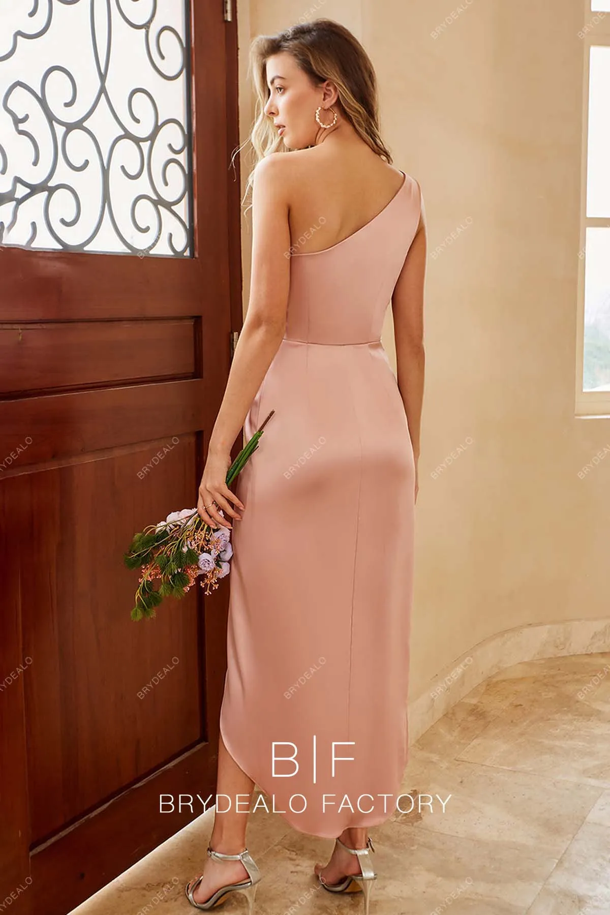 Pearl Pink One Shoulder High-low Charmeuse Dress