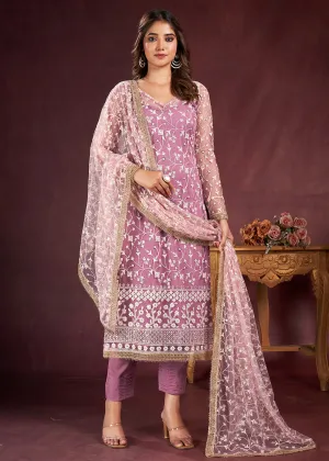 Pink Butterfly Net Embroidered Festive Salwar Suit