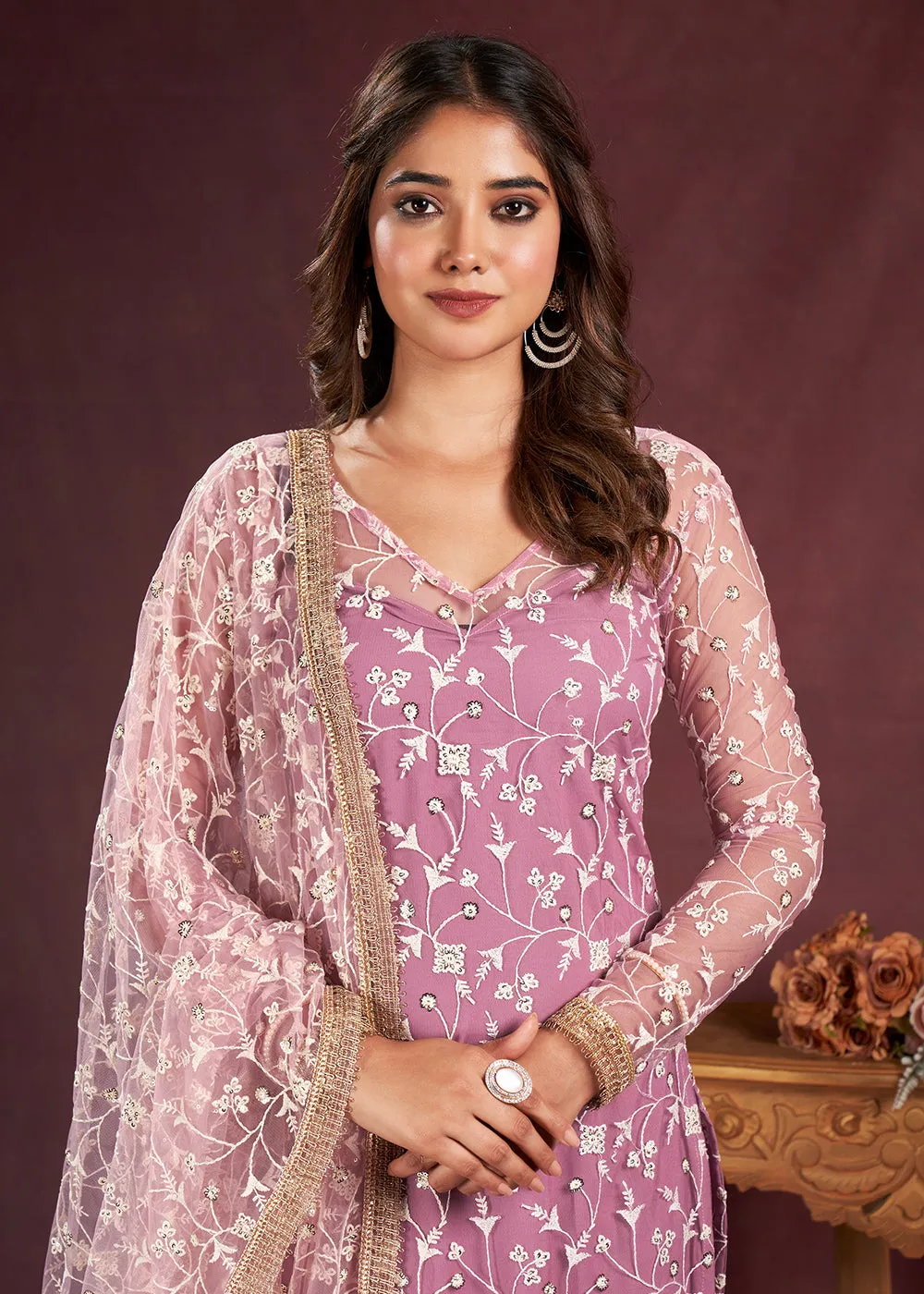 Pink Butterfly Net Embroidered Festive Salwar Suit