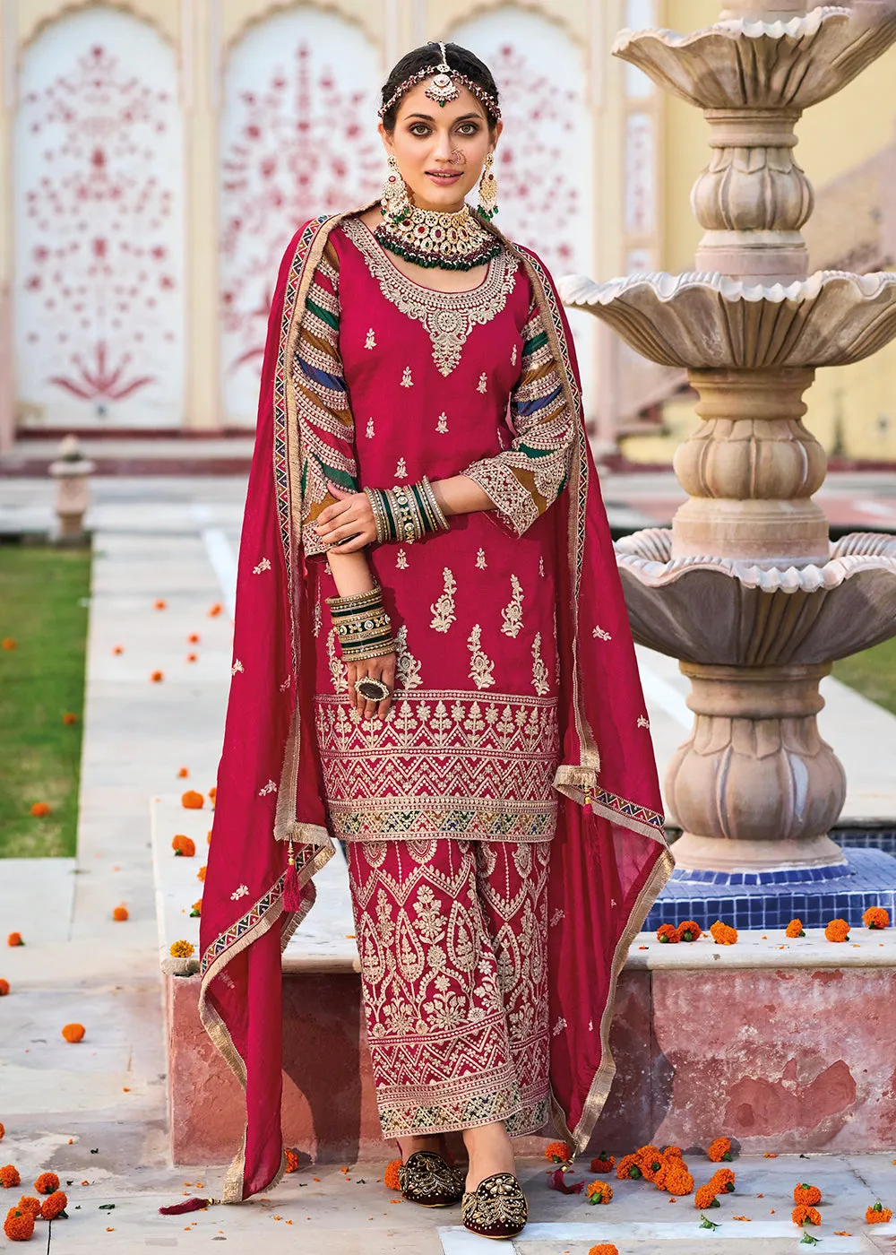 Pink Premium Silk Embroidered Festive Ready Palazzo Suit