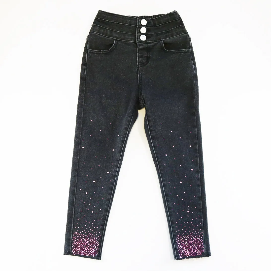 Pink Rhinestone Elastic Jeans -Black