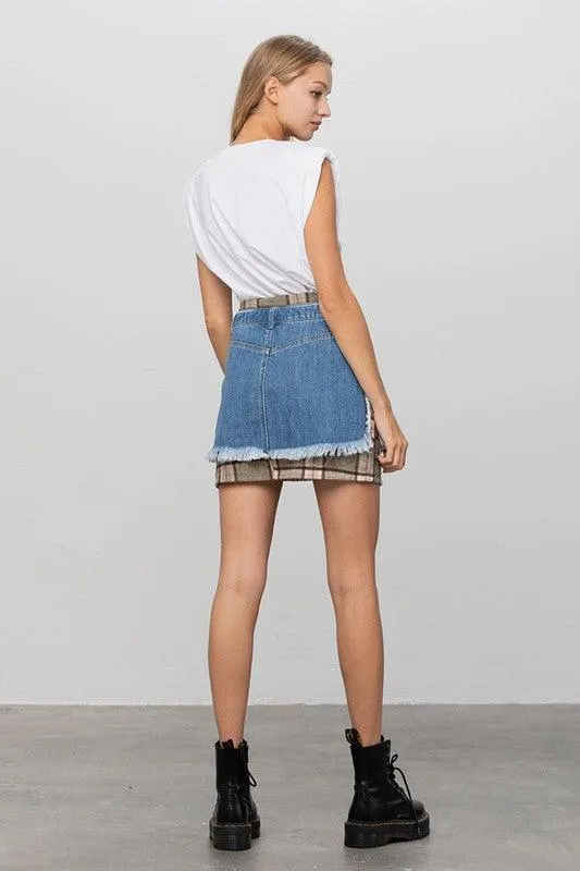 Plaid Checker Mini Denim Skirt