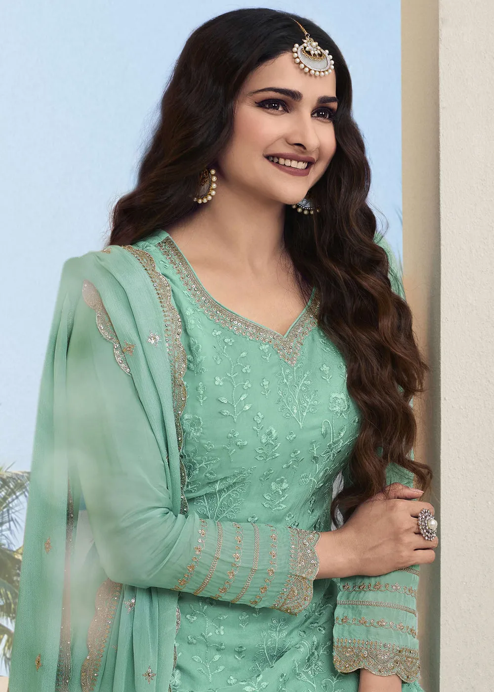 Prachi Desai Turquoise Organza Embroidered Sharara Suit