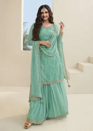 Prachi Desai Turquoise Organza Embroidered Sharara Suit