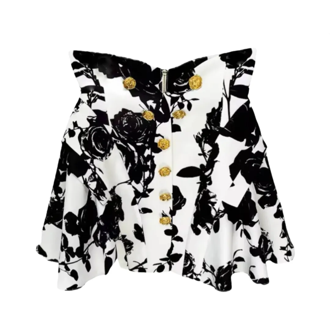 Pre Order:  Tulip Waistline Rose Metal Button Floral Mini Skirt