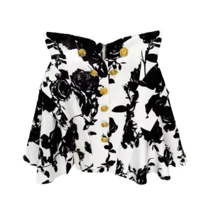 Pre Order:  Tulip Waistline Rose Metal Button Floral Mini Skirt