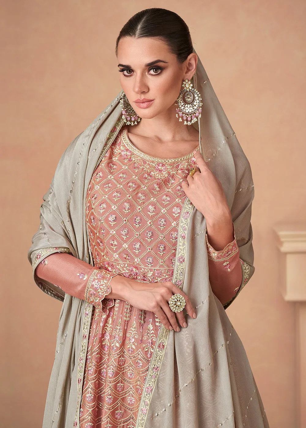 Premium Chinnon Peach Embroidered Wedding Palazzo Suit