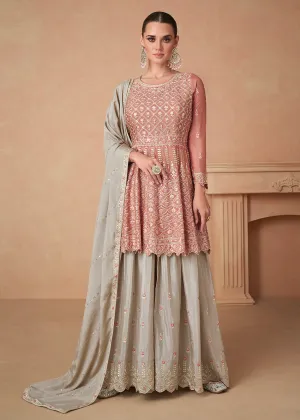 Premium Chinnon Peach Embroidered Wedding Palazzo Suit