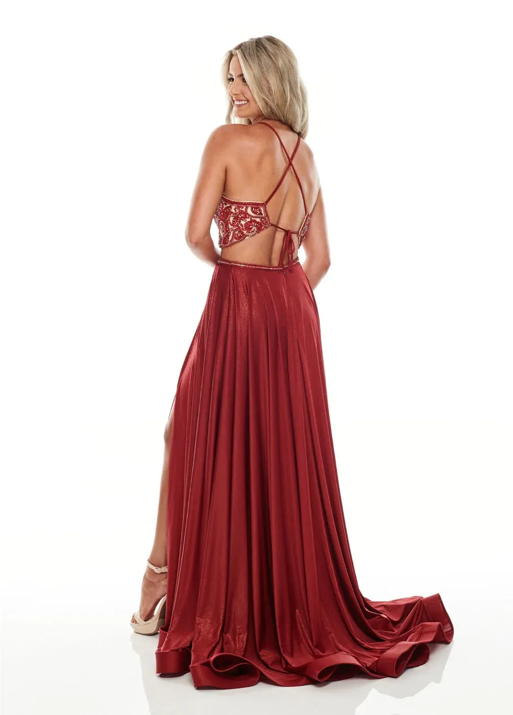 Rachel Allan 7209 Burgundy Shimmer 2 Piece Dress with Slit