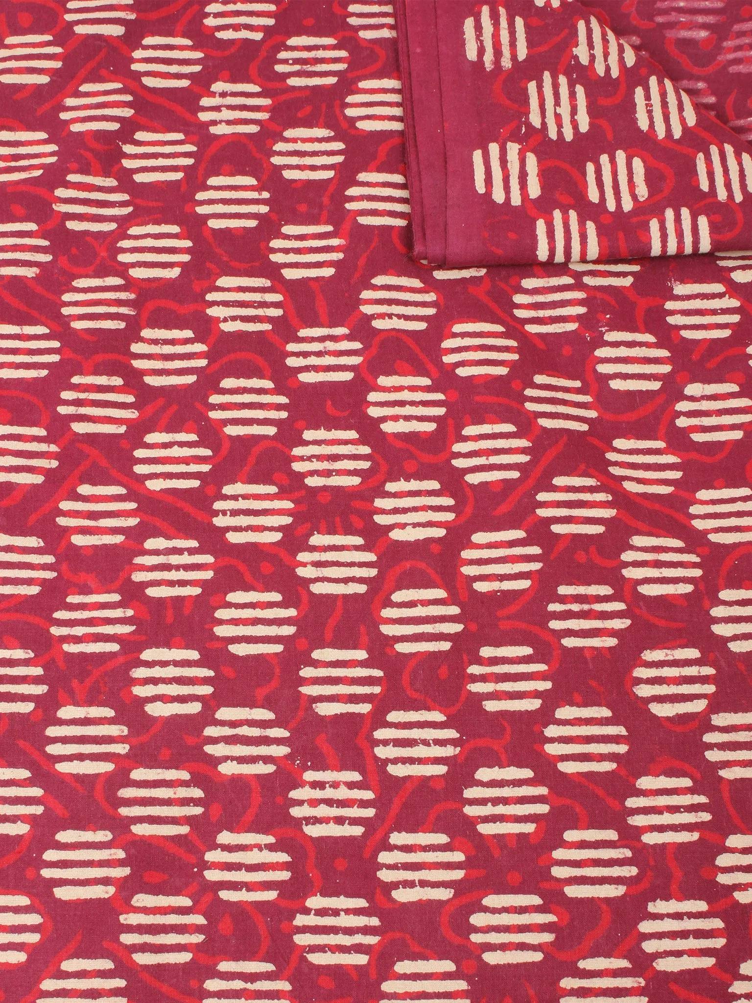 Red With Beige Color Natural Dyed Hand Block Printed Cotton Fabric Per Meter - F0916212