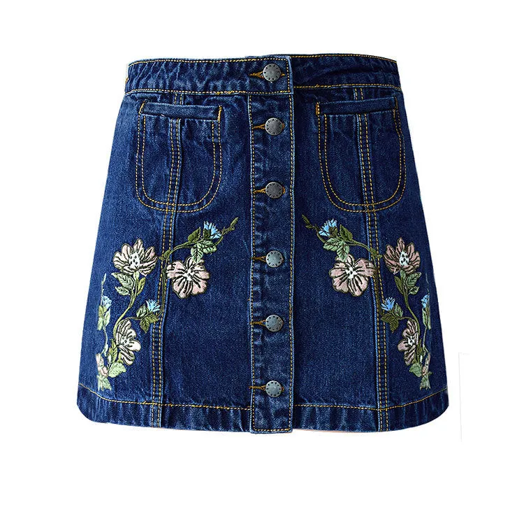 Retro Pastoral Embroidered Denim Skirt