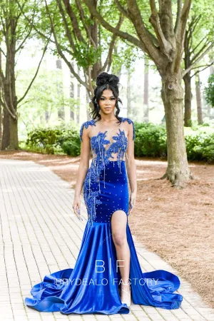 Royal Blue Beaded Appliques Mermaid Velvet Slit Long Train Prom Dress