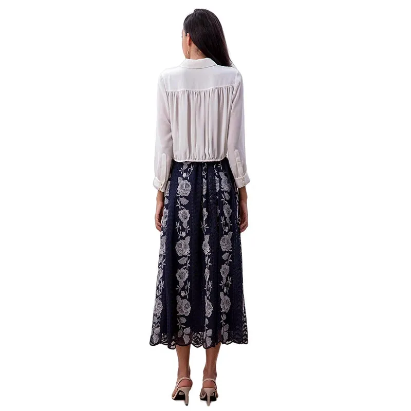 S127-1 Women Roses embroidered mesh scallop hem A-line midi skirt