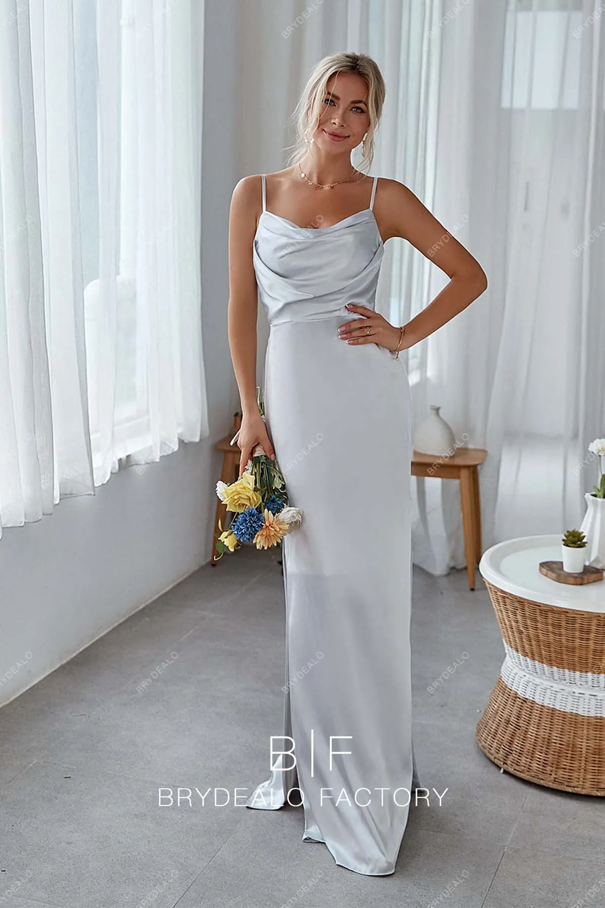 Silver Charmeuse Cowl Neck Spaghetti Straps Sheath Long Dress