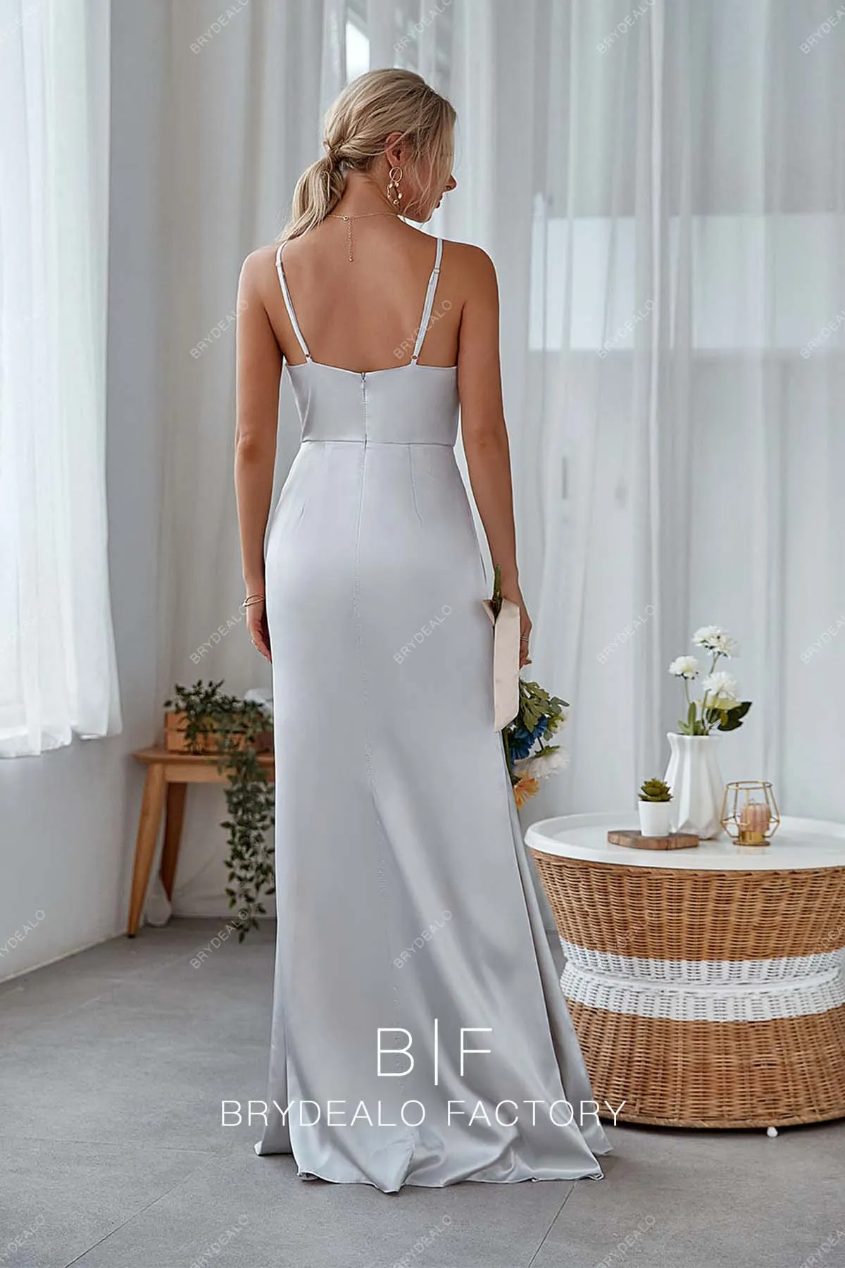 Silver Charmeuse Cowl Neck Spaghetti Straps Sheath Long Dress