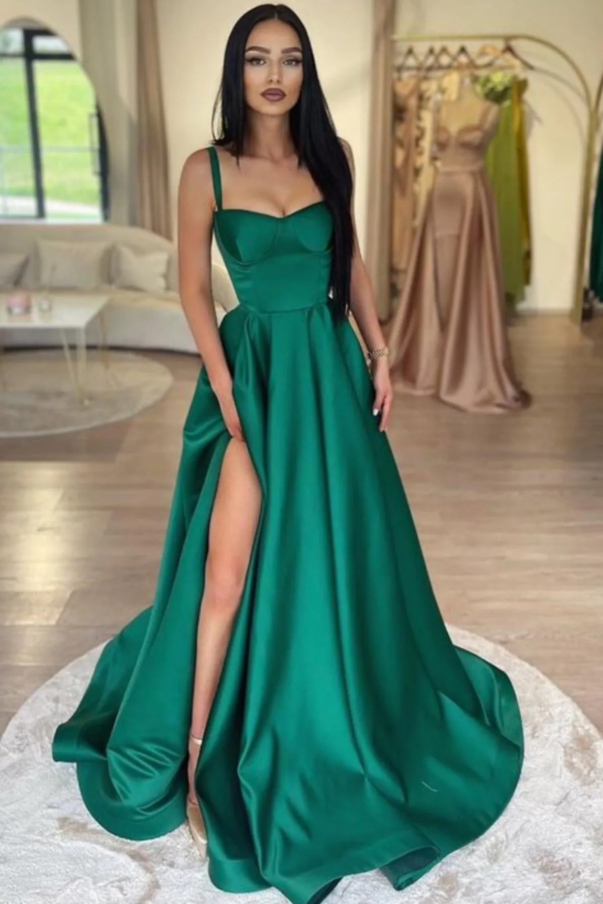 Simple A Line Green Satin Long Prom Dress with High Slit, Long Green Formal Graduation Evening Dress A1926