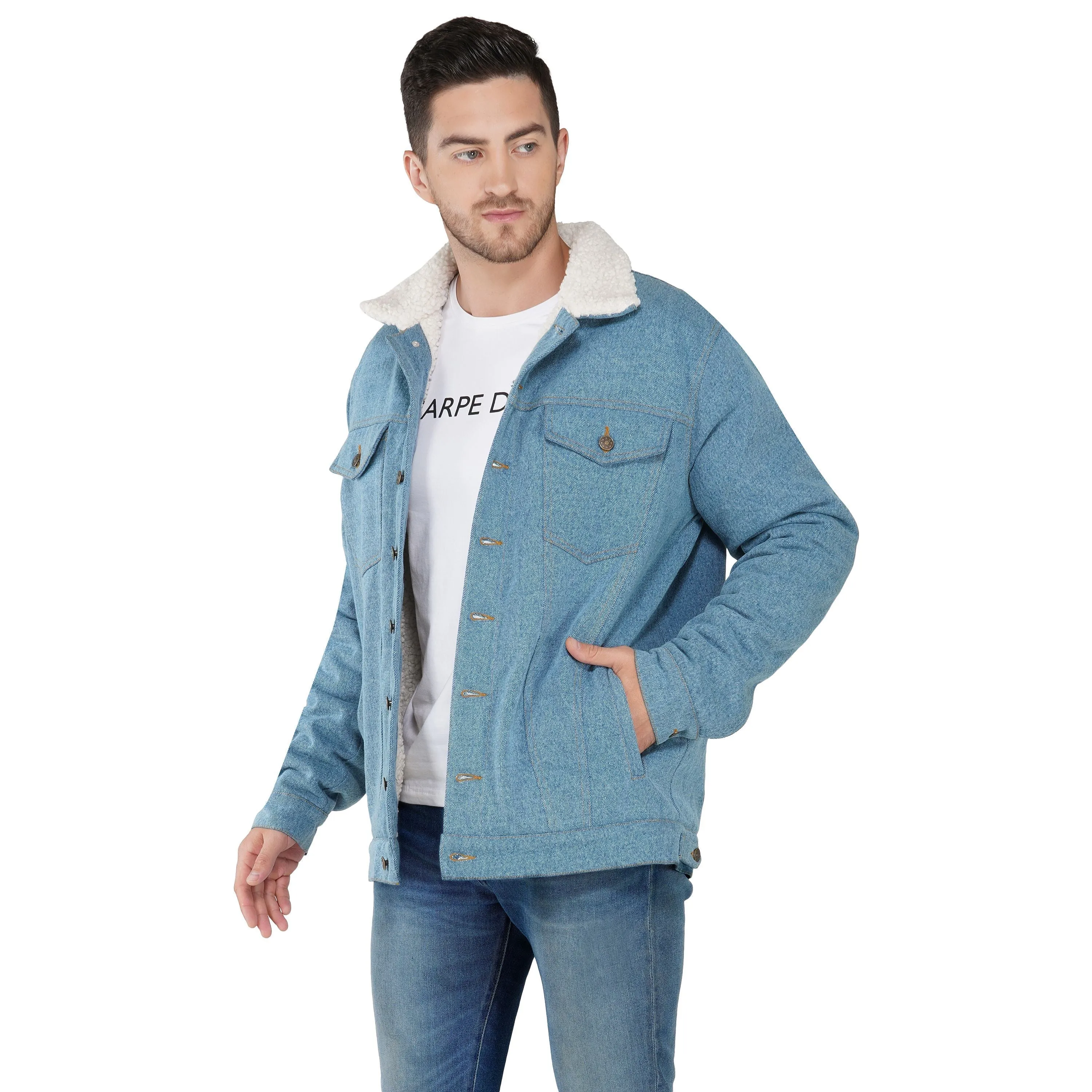 SLAY. Men's Full Sleeves Blue Solid Button-Down Washed Light Blue Denim Jacket with Faux-fur Lining