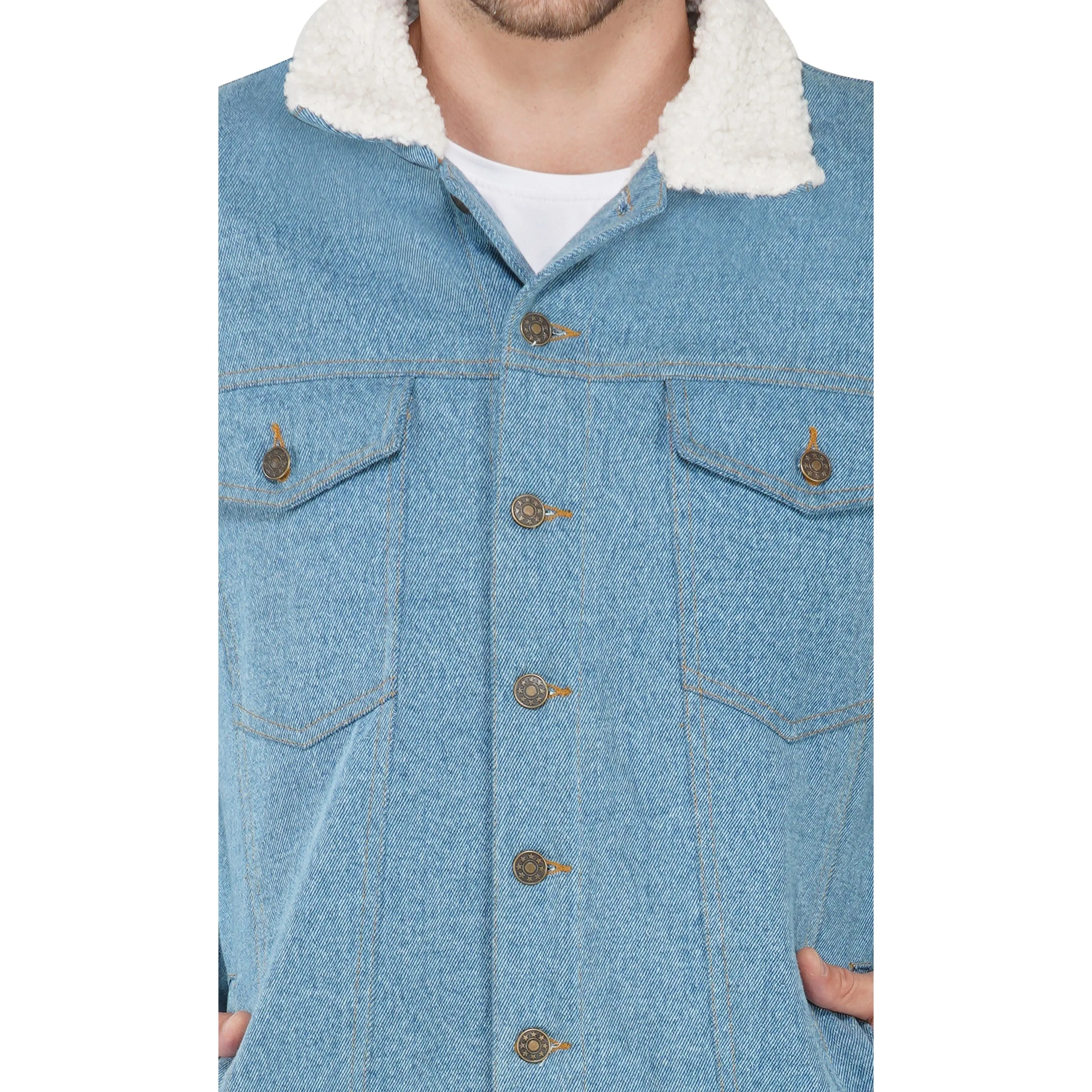 SLAY. Men's Full Sleeves Blue Solid Button-Down Washed Light Blue Denim Jacket with Faux-fur Lining