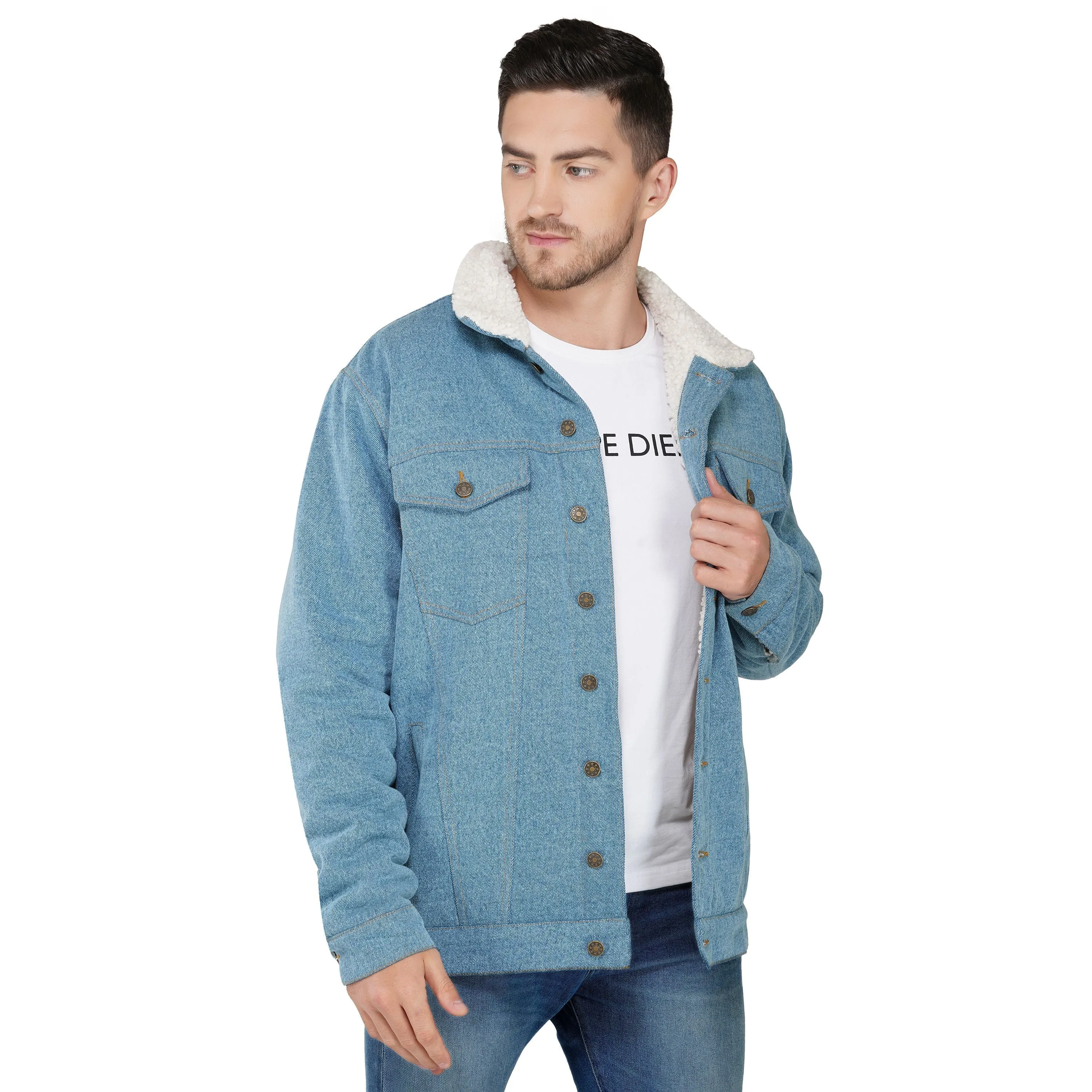 SLAY. Men's Full Sleeves Blue Solid Button-Down Washed Light Blue Denim Jacket with Faux-fur Lining