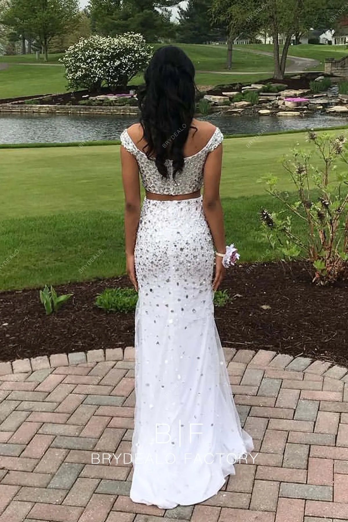 Sparkly Rhinestones Two-piece White Slit Prom Dress