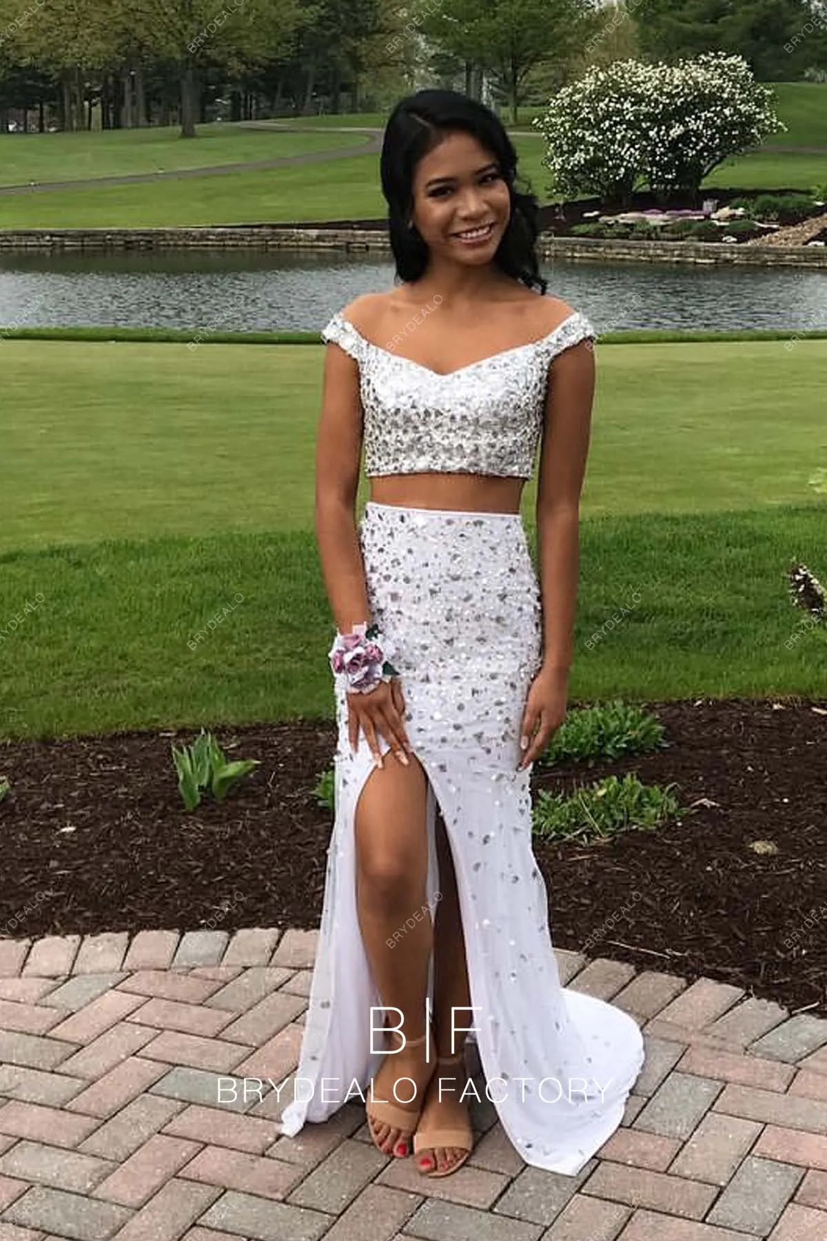 Sparkly Rhinestones Two-piece White Slit Prom Dress