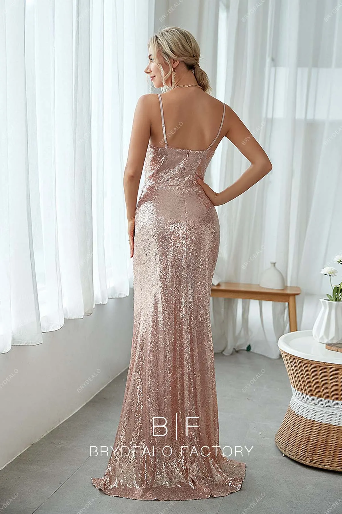 Sparkly Sequin Rose Pink Slit Mermaid Modern Formal Dress