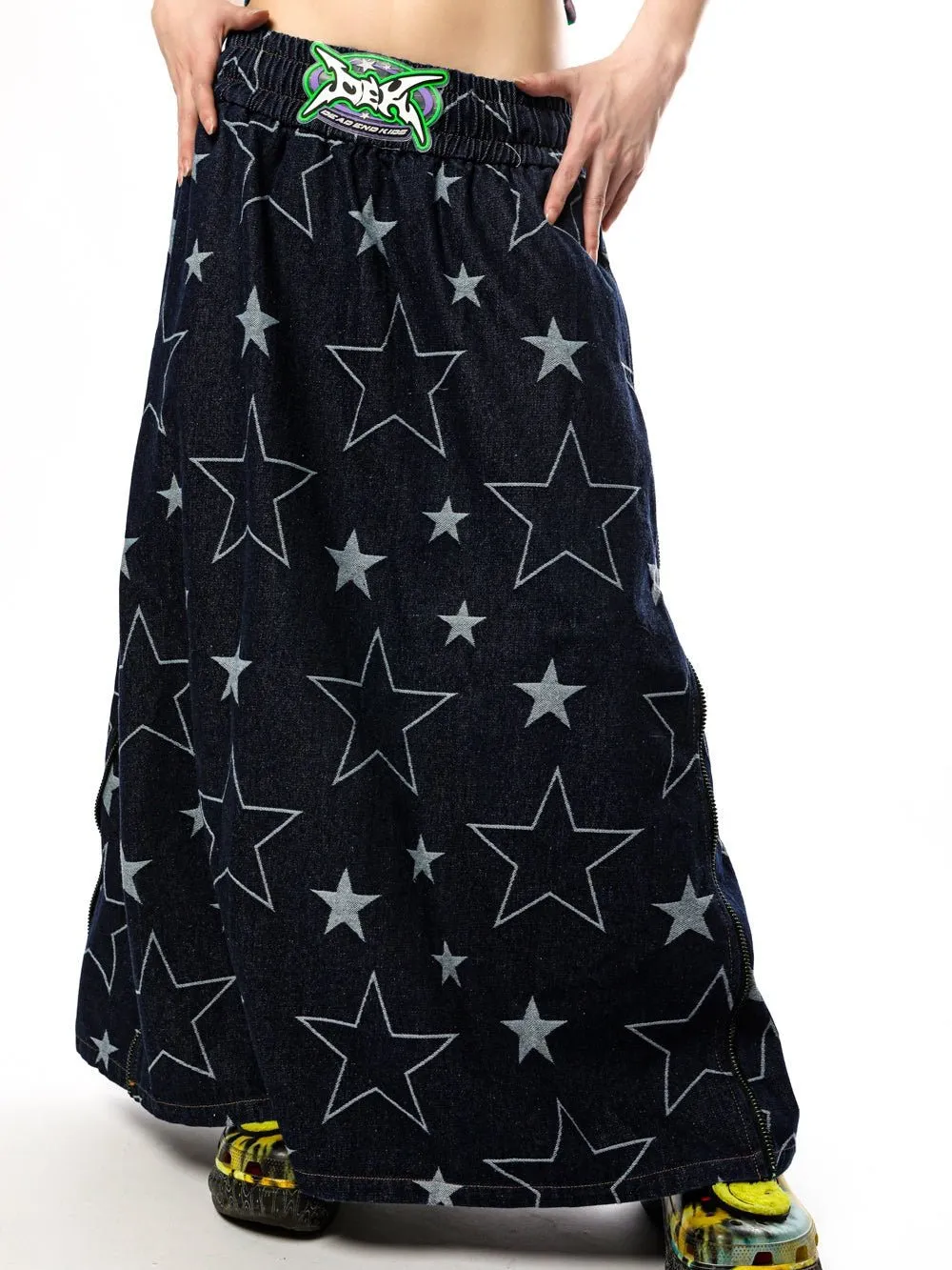 Star Side Zipper Loose A-line Denim Skirt【s0000000226】