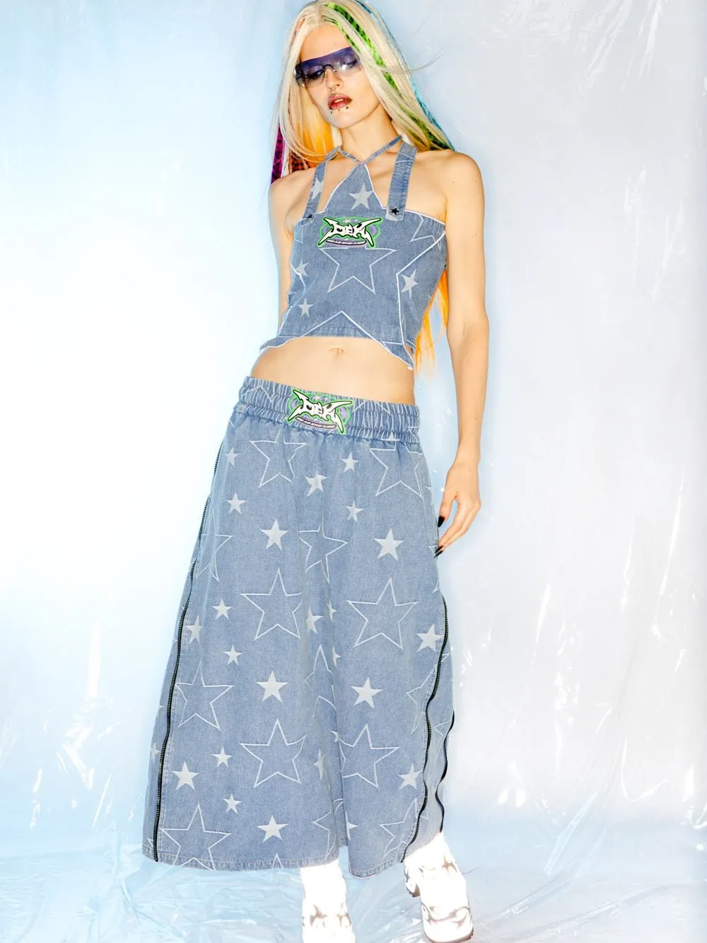 Star Side Zipper Loose A-line Denim Skirt【s0000000226】