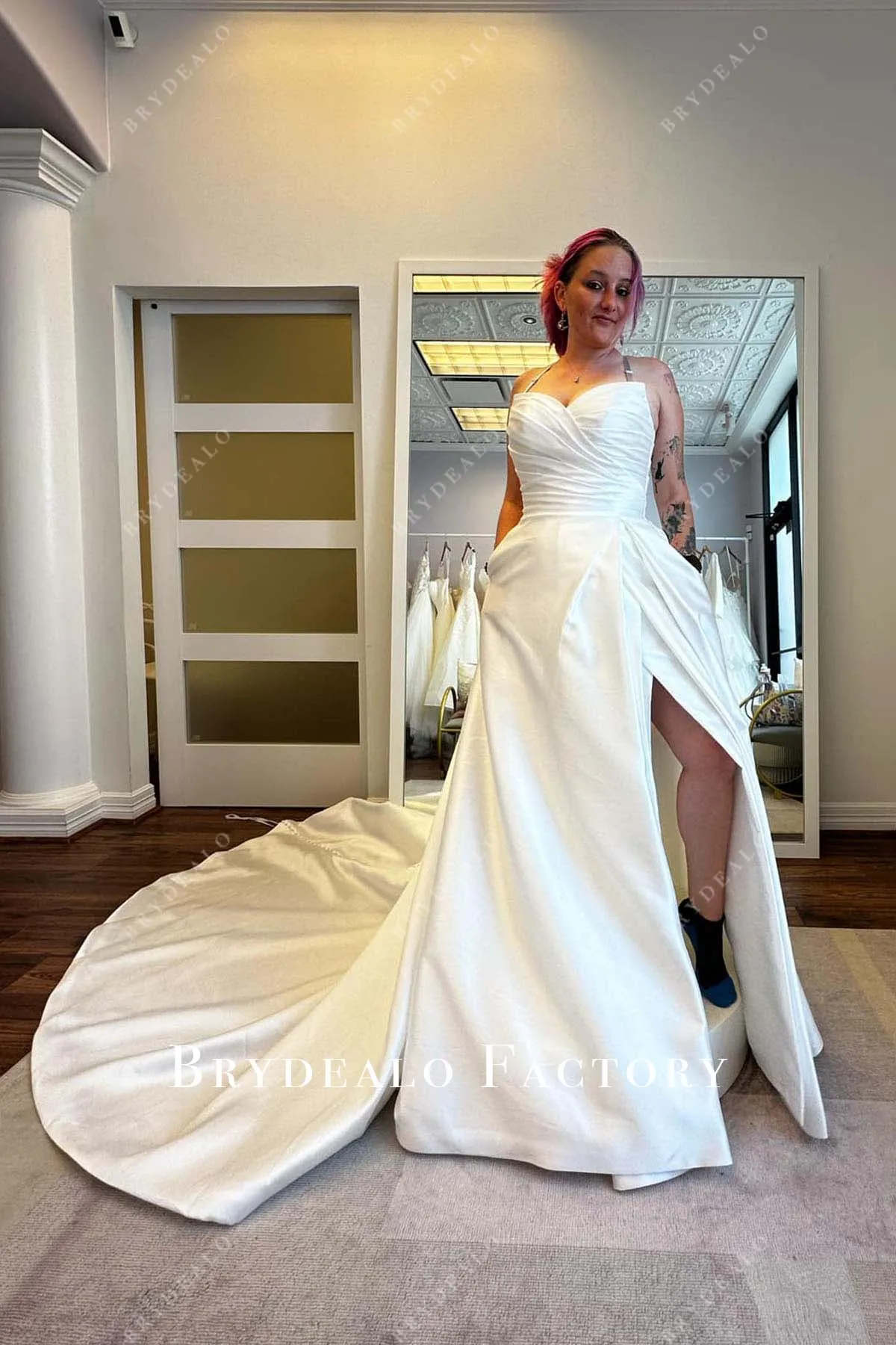 Strapless White Ruched Slit Long Train Overskirt Wedding Dress