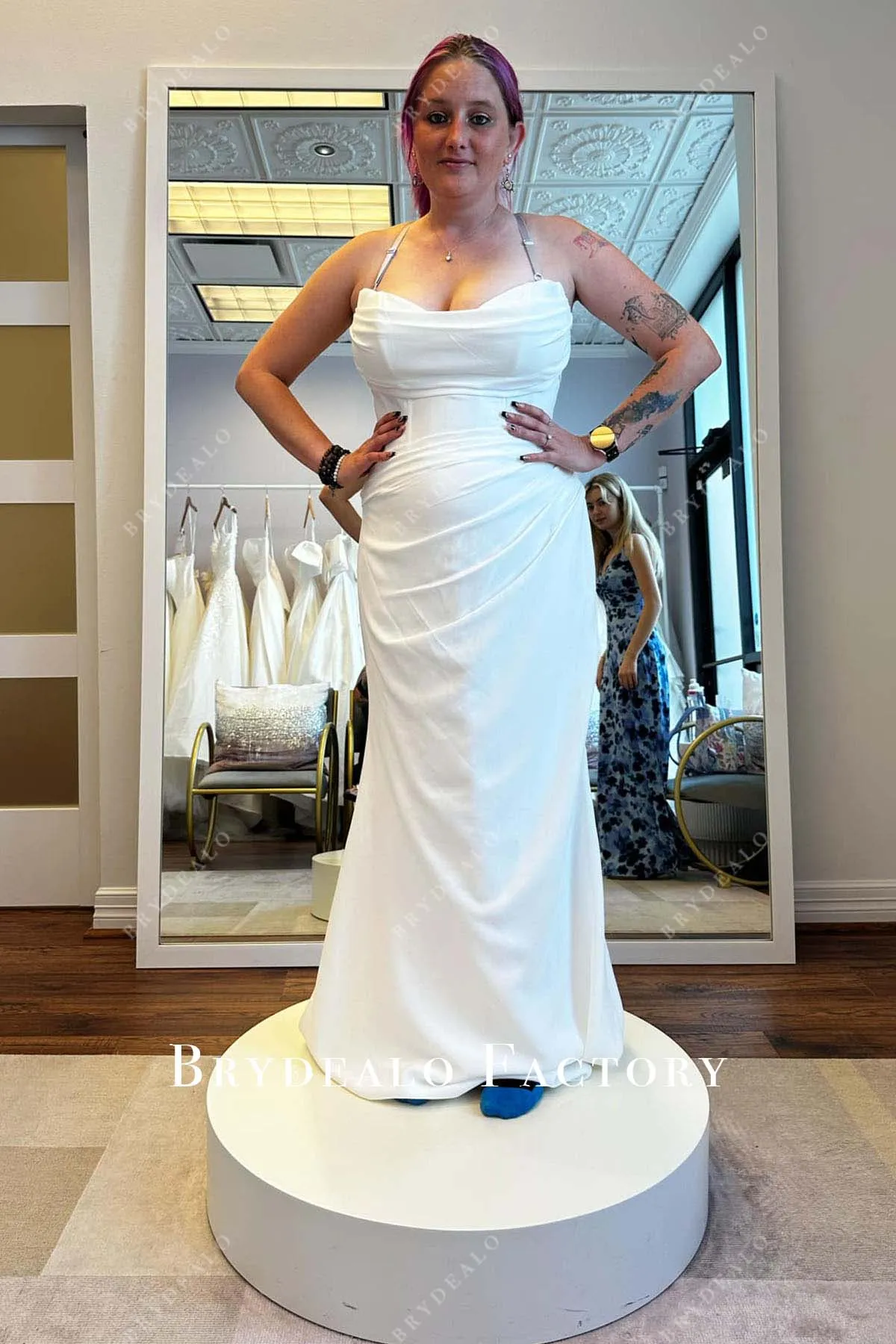 Strapless White Ruched Slit Long Train Overskirt Wedding Dress