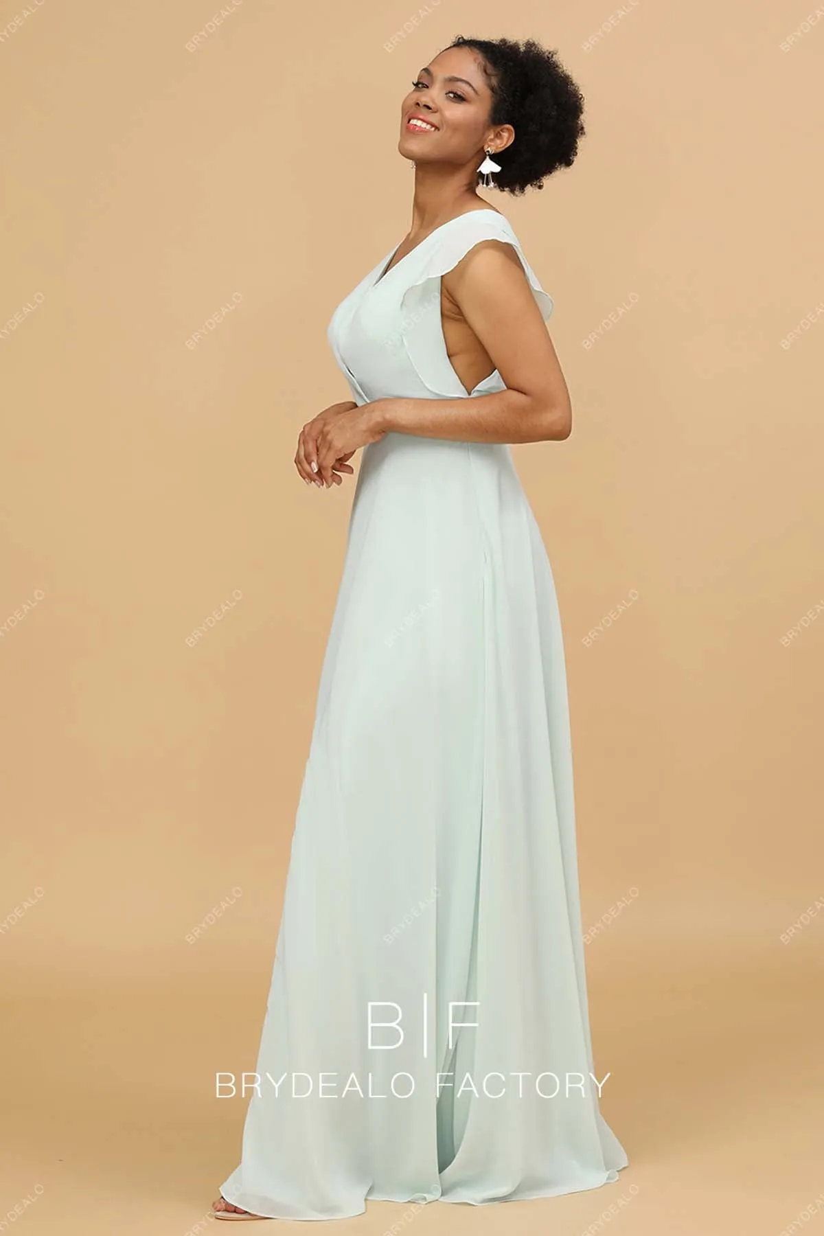 Stylish Mint Chiffon V-Neck Flutter Sleeves Slit Long Formal Dress