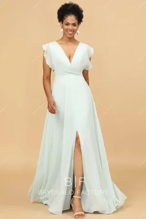 Stylish Mint Chiffon V-Neck Flutter Sleeves Slit Long Formal Dress