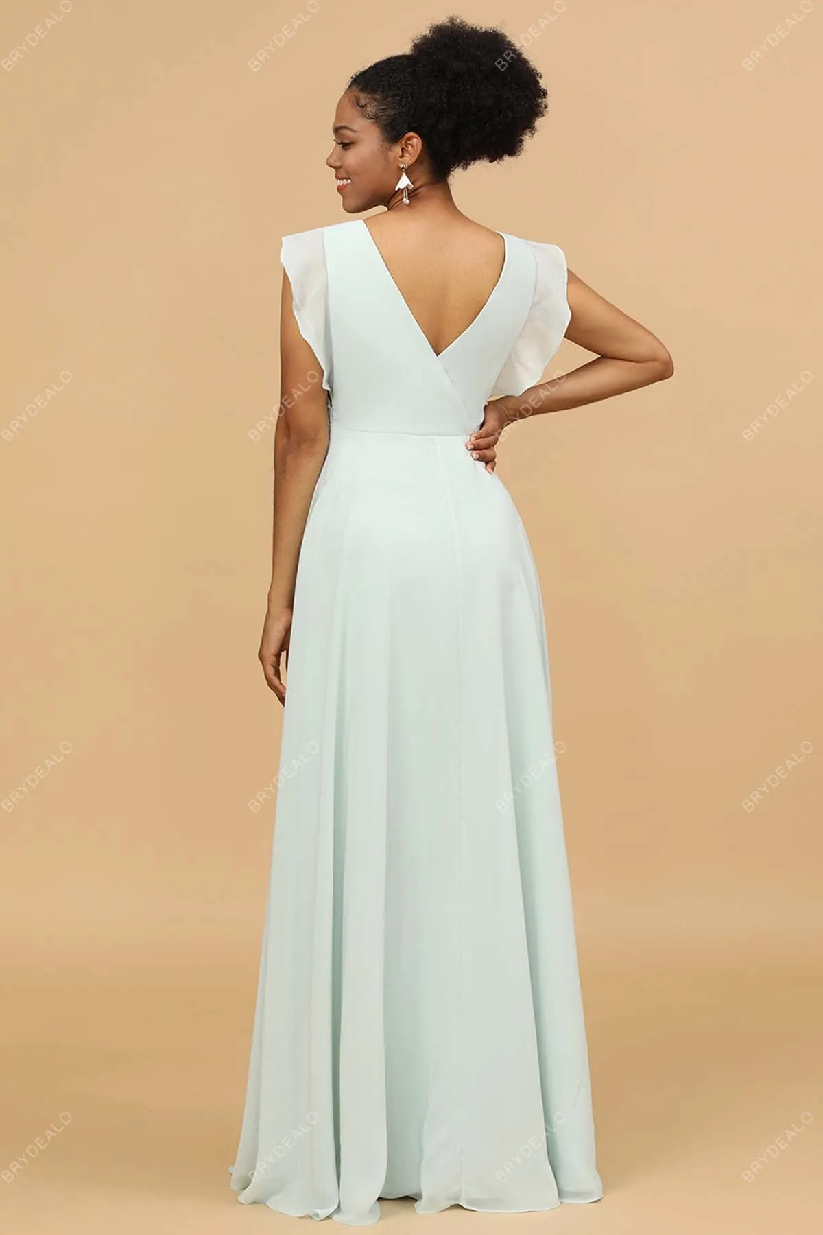 Stylish Mint Chiffon V-Neck Flutter Sleeves Slit Long Formal Dress