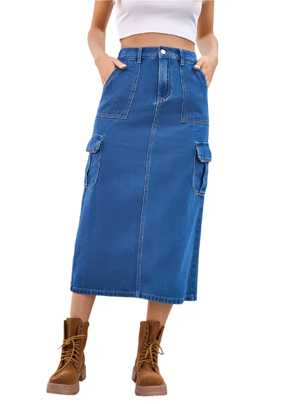 TEEK - Blue Washed A-Line Cargo Denim Skirt