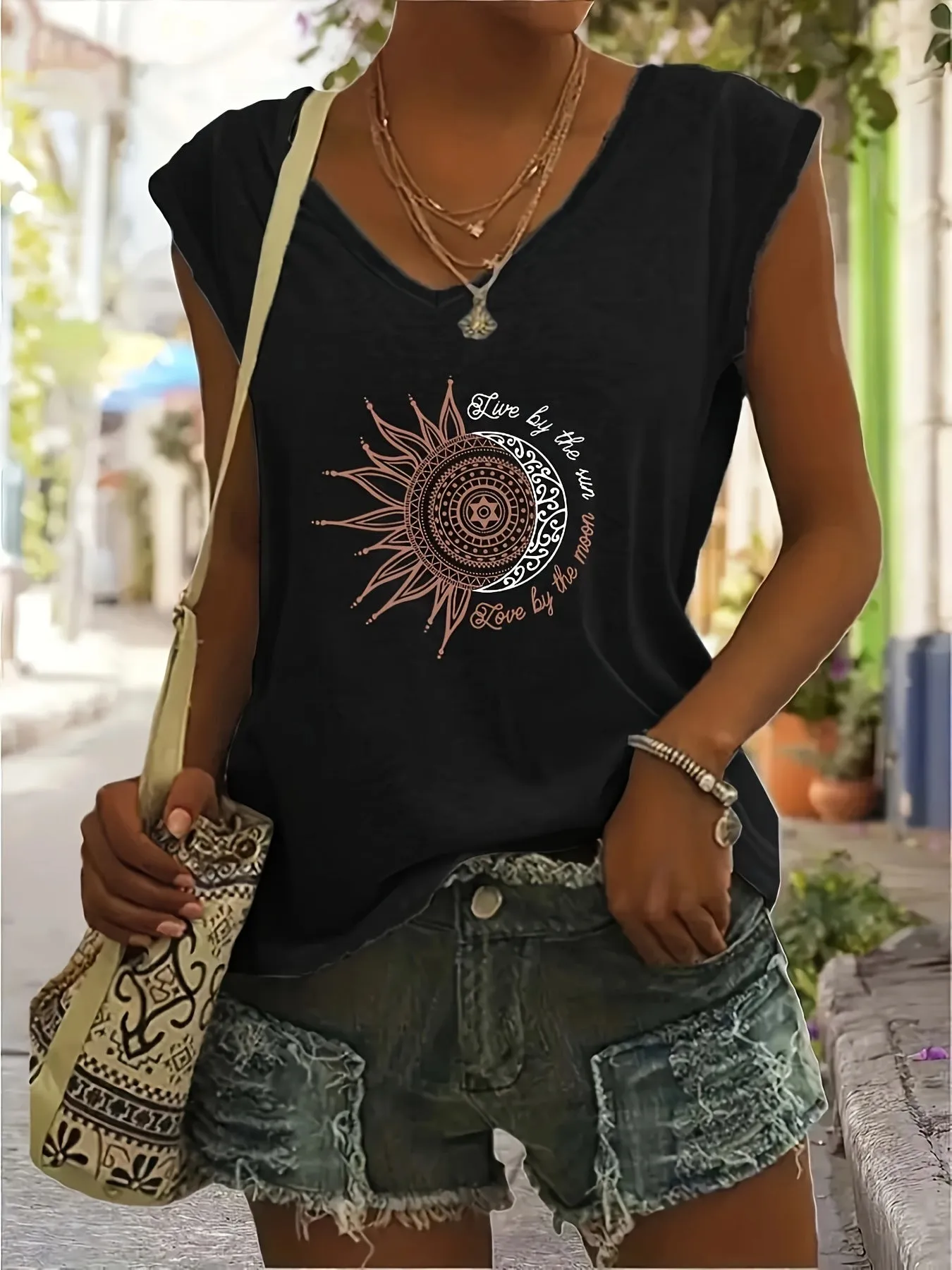 Vibrant Geometric Print V-Neck T-Shirt - Soft Cotton Blend, Micro Elasticity, Regular Length, Casual Style for Spring & Summer - Womens Fashion Essential