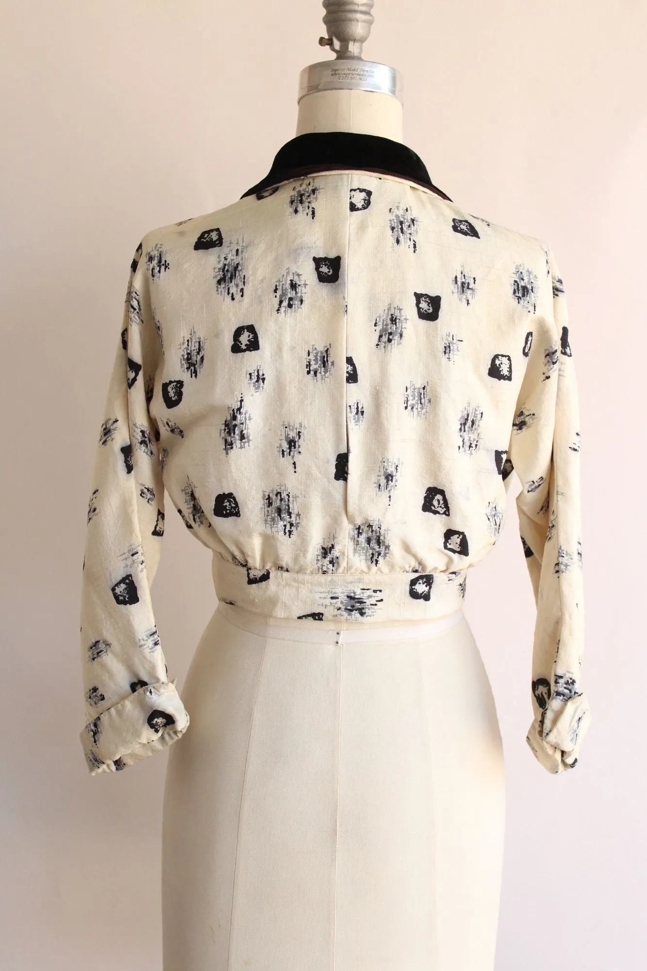 Vintage 1950s Jacket in Black, Gray and Winter White Silk with Velvet Collar