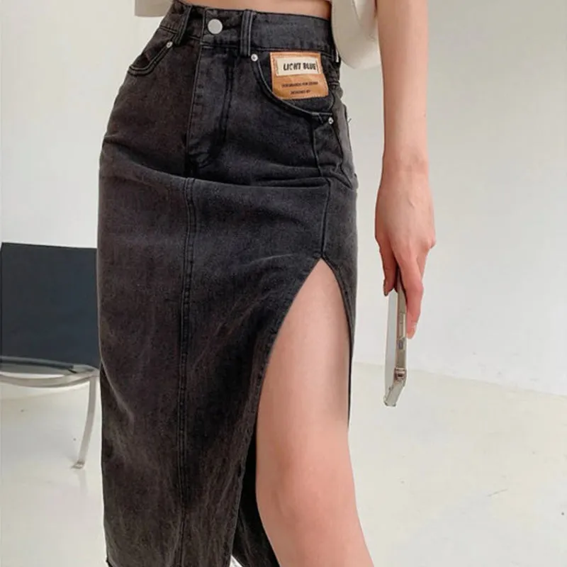 Vintage Style with Side-slit Denim Maxi Skirts