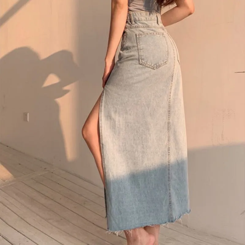 Vintage Style with Side-slit Denim Maxi Skirts