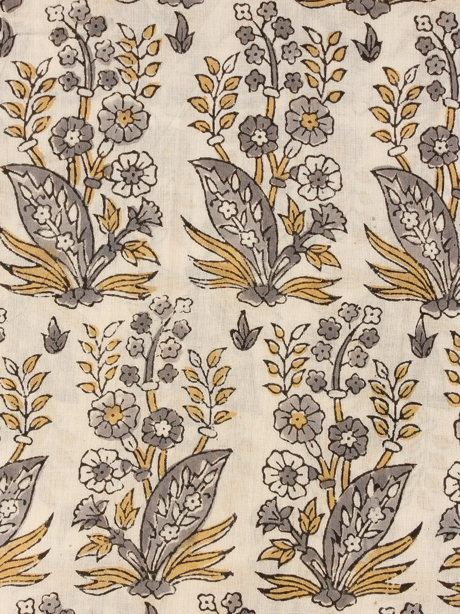 White Grey Mustard Hand Block Printed Cotton Fabric Per Meter - F001F2191