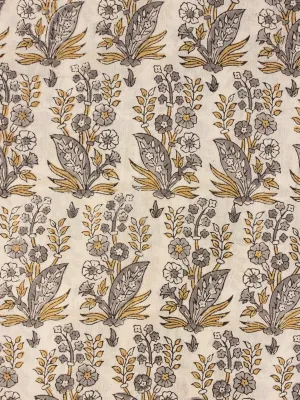 White Grey Mustard Hand Block Printed Cotton Fabric Per Meter - F001F2191