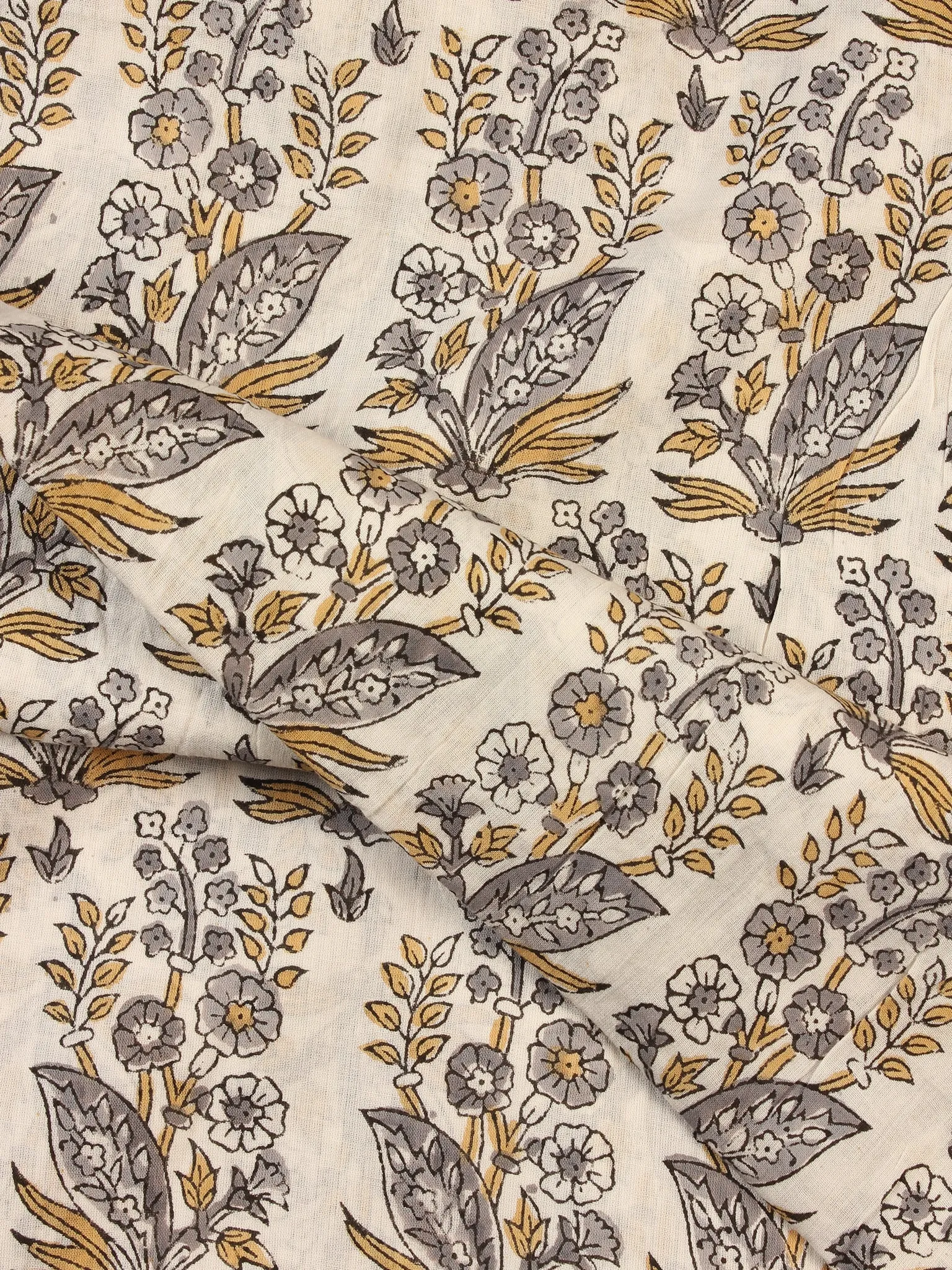 White Grey Mustard Hand Block Printed Cotton Fabric Per Meter - F001F2191