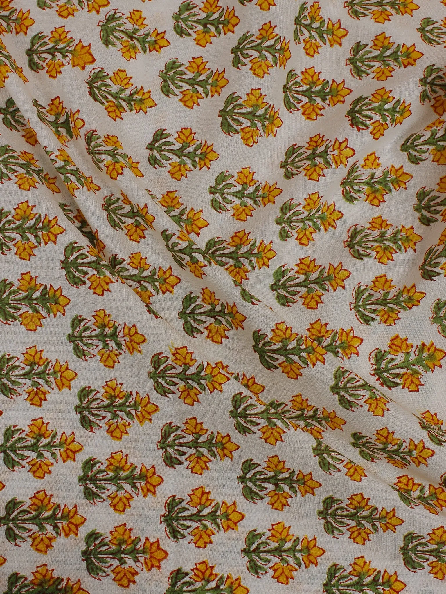 White Multi Color Hand Block Printed Cotton Cambric Fabric Per Meter - F0916134