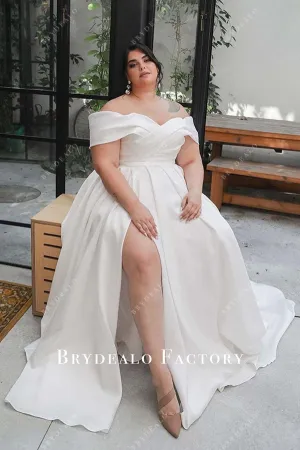 White Satin Off Shoulder Slit Plus Size Wedding Dress