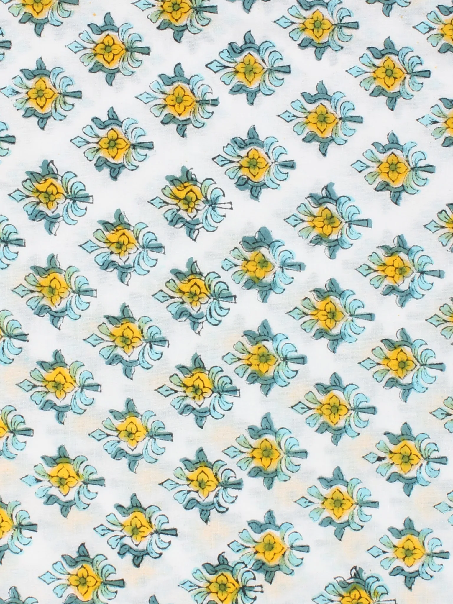 White Sky Blue Yellow Hand Block Printed Cotton Fabric Per Meter - F001F2345