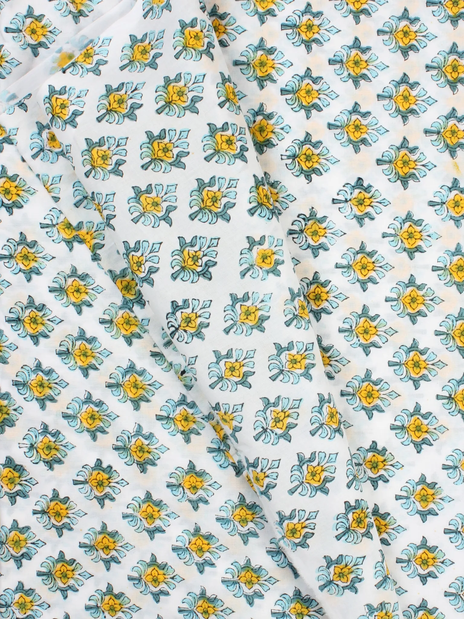 White Sky Blue Yellow Hand Block Printed Cotton Fabric Per Meter - F001F2345