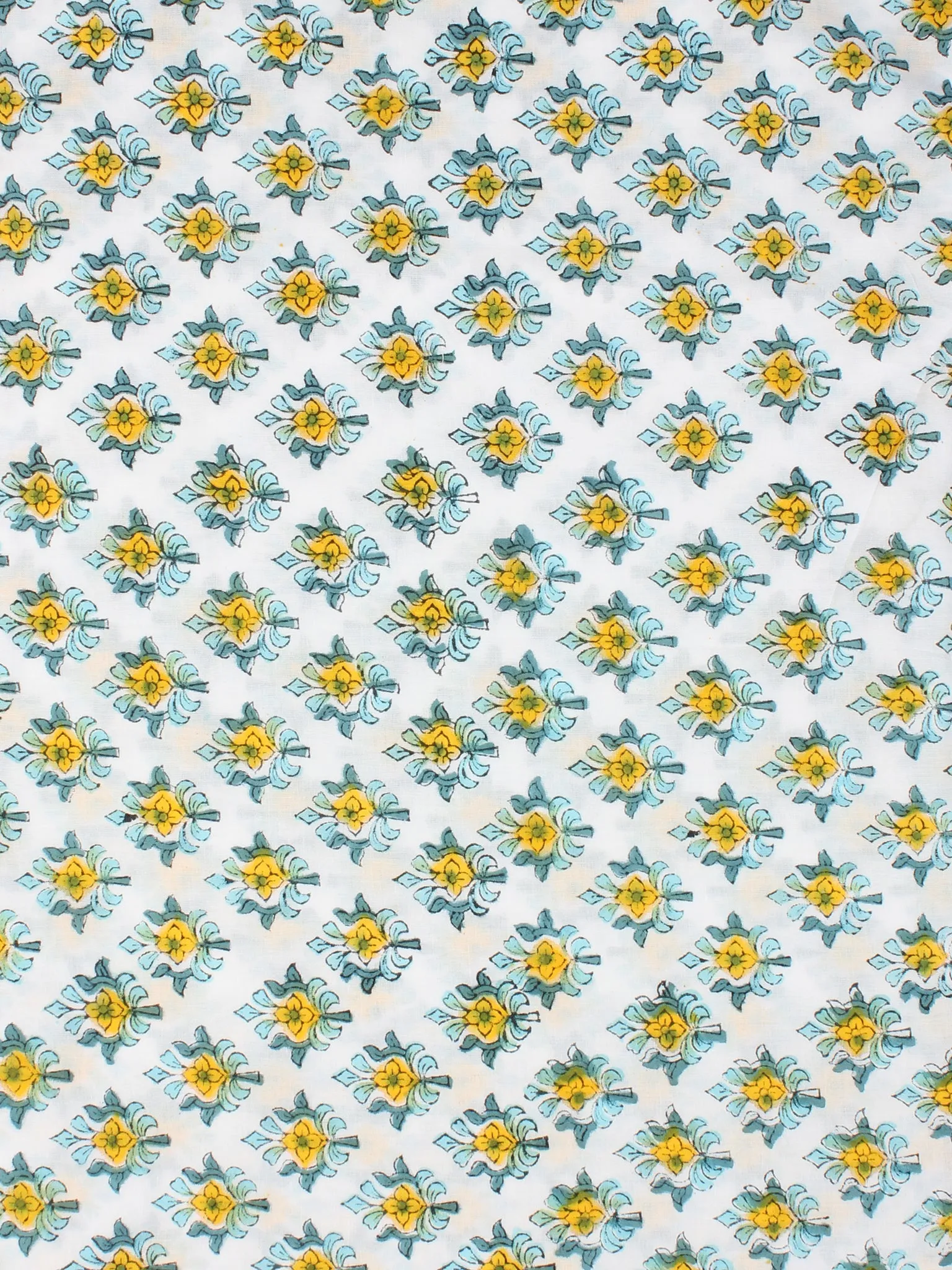 White Sky Blue Yellow Hand Block Printed Cotton Fabric Per Meter - F001F2345