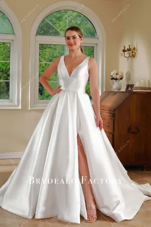 White V-Neck Slit Long Train Wedding Ballgown