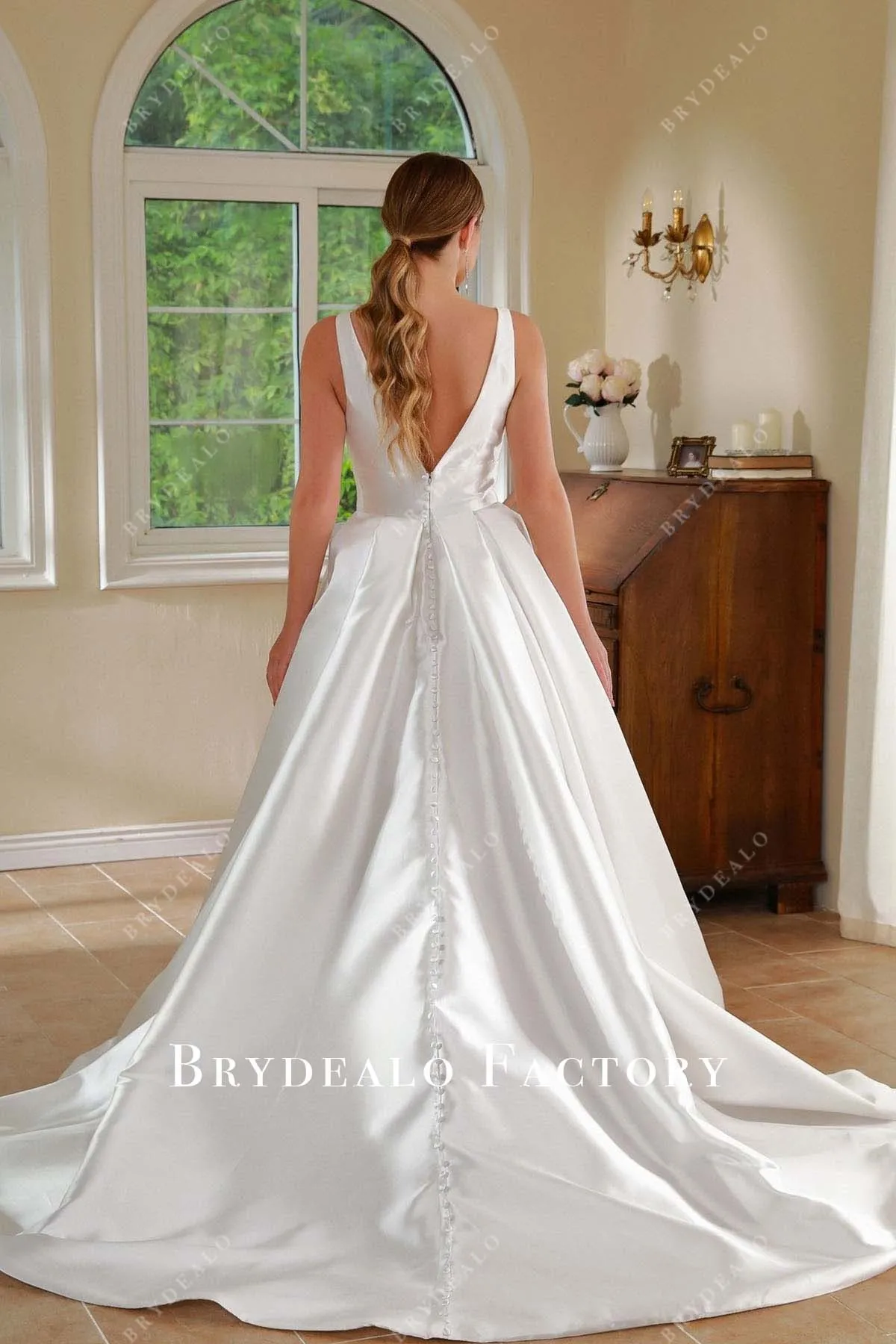 White V-Neck Slit Long Train Wedding Ballgown