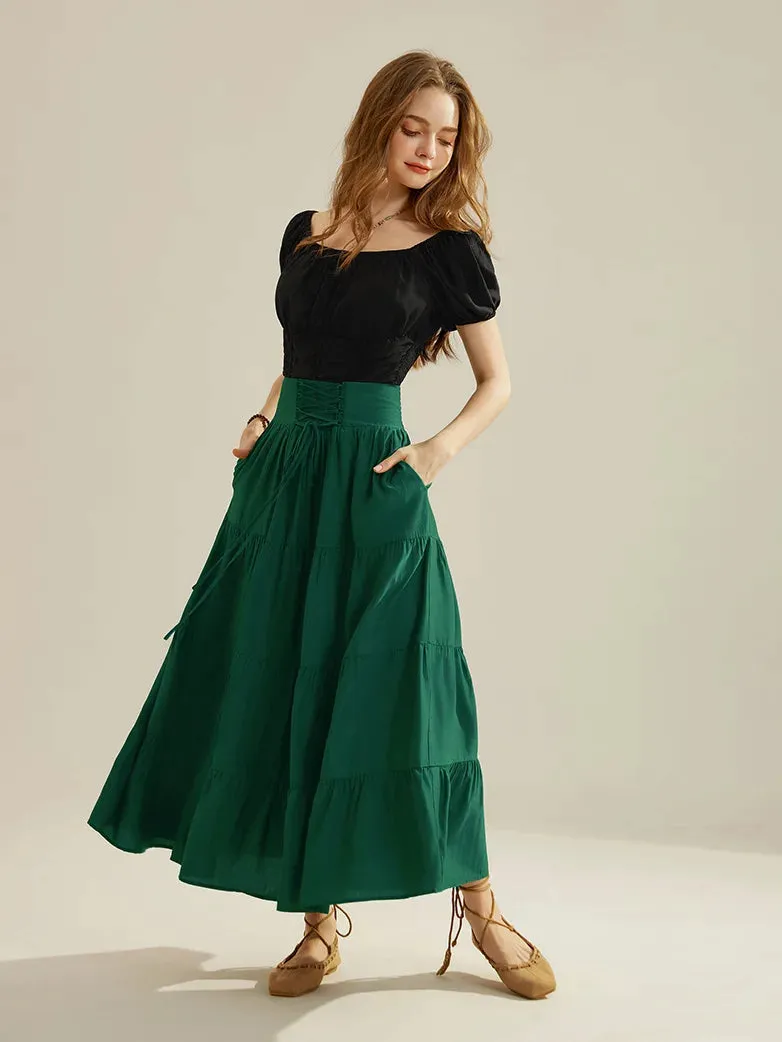 Women Renaissance Tiered Swing Skirt with Pocket