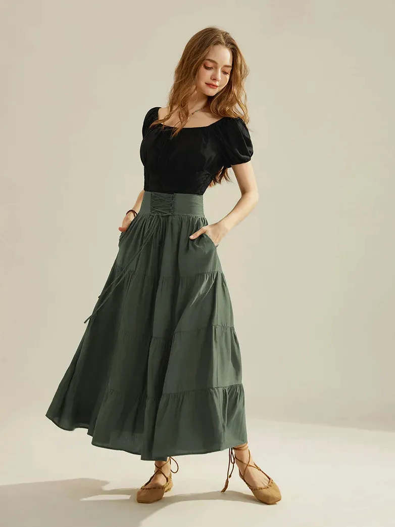 Women Renaissance Tiered Swing Skirt with Pocket